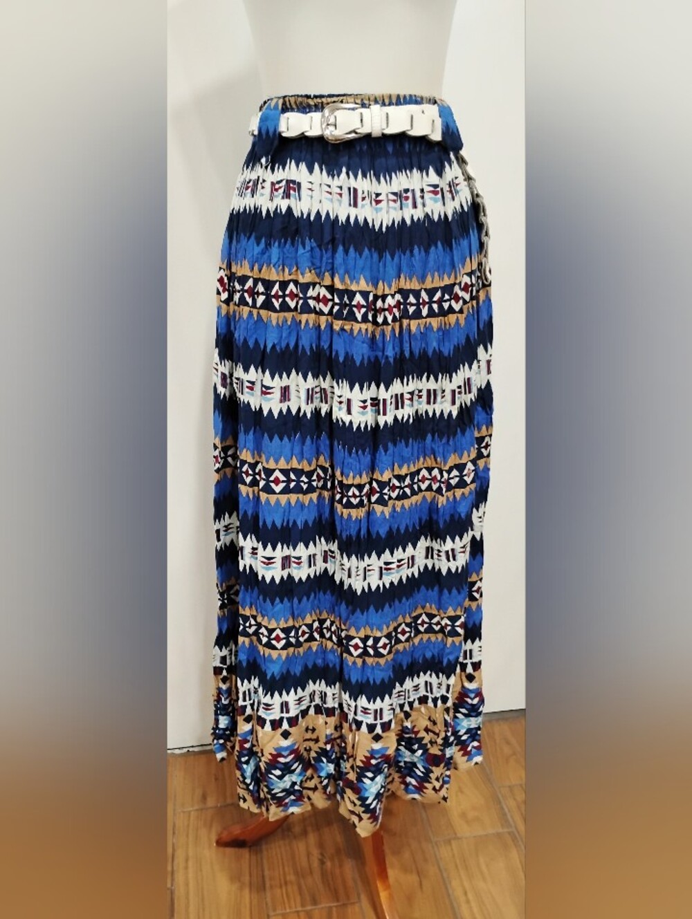 BLUE AND WHITE SIDE SADDLE MAXI SKIRT
